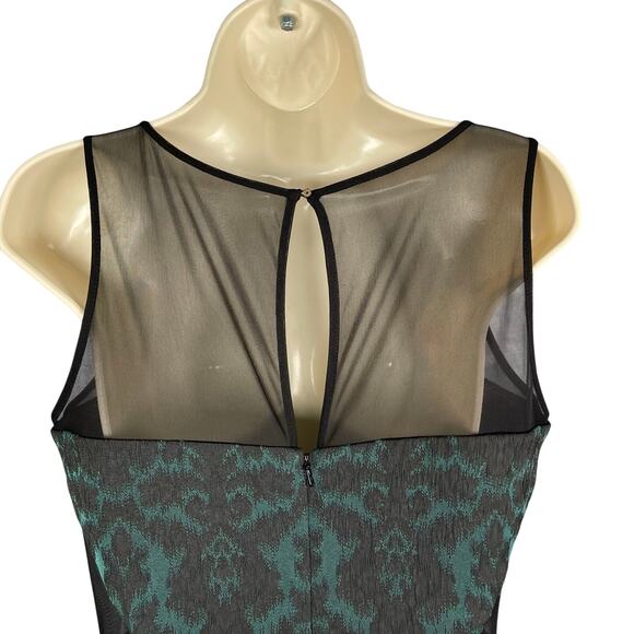 Badgley Mischka Dress 6 Green Black Damask Illusion Neck Sides Sheath Cocktail - Picture 6 of 14